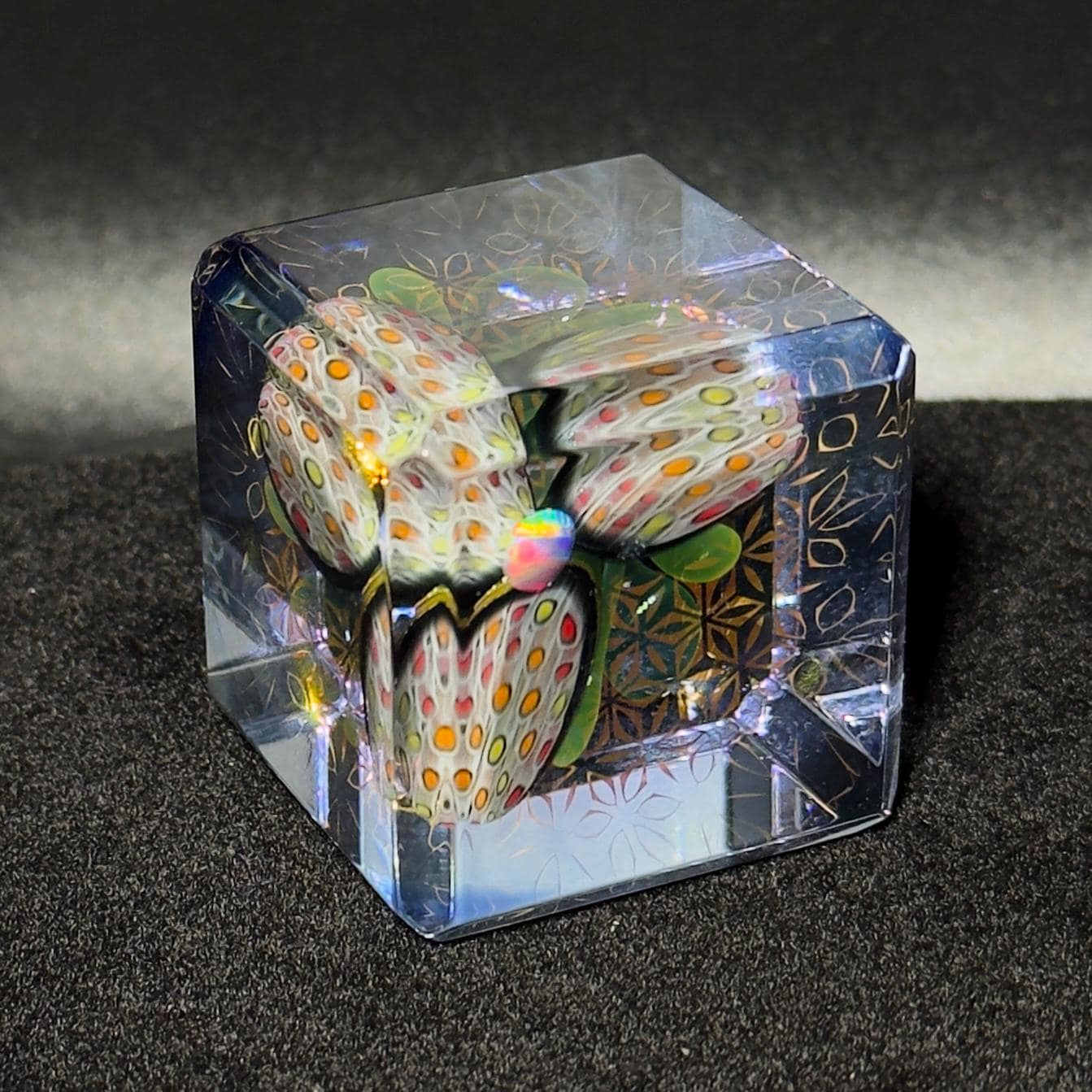 SALE! - Opal Murrini Flower Blown Glass Cube: 24k Gold & Silver Borosilicate, 40mm