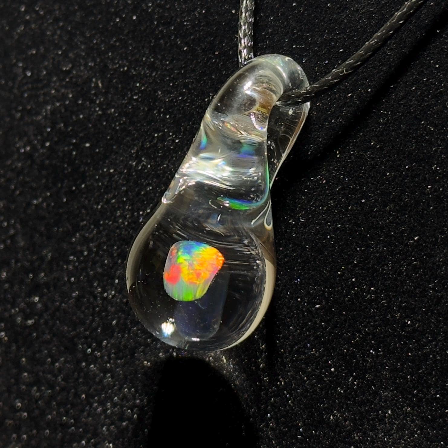 Small tumbled rainbow opal hand blown glass pendant - Teardrop Glass Charm Necklace