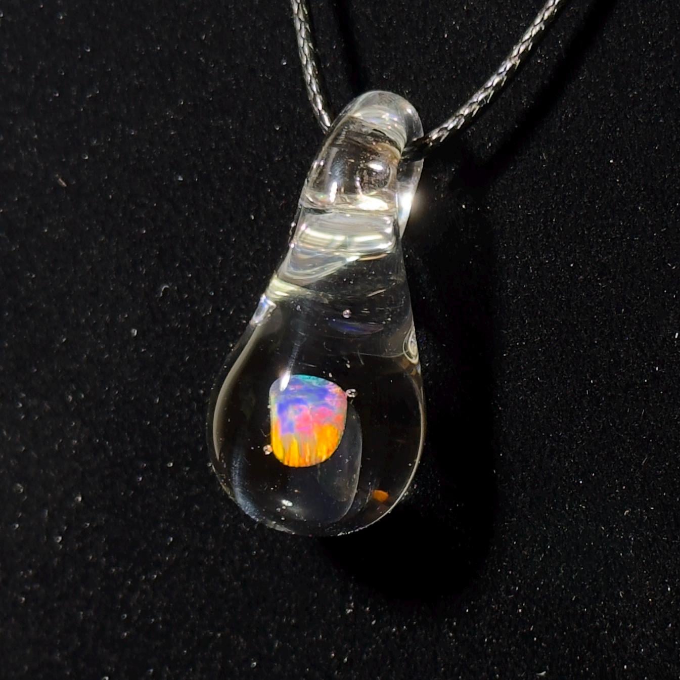 Small tumbled rainbow opal hand blown glass pendant - Teardrop Glass Charm Necklace