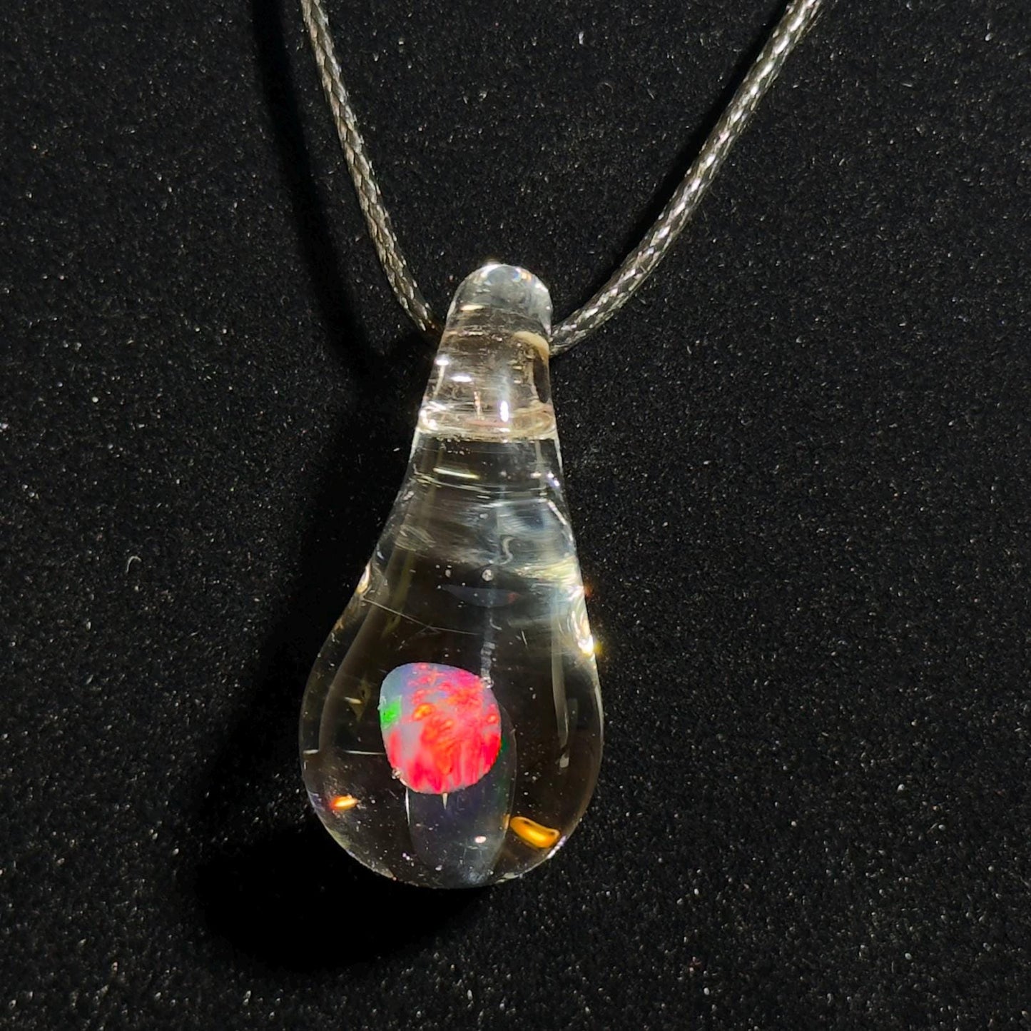 Small tumbled rainbow opal hand blown glass pendant - Teardrop Glass Charm Necklace