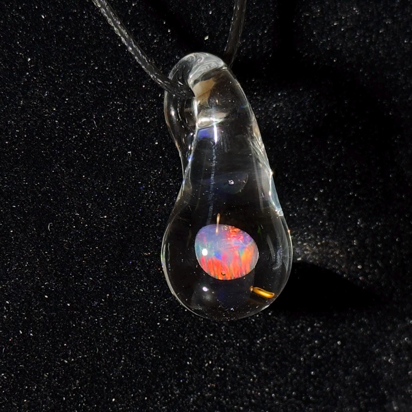 Small tumbled rainbow opal hand blown glass pendant - Teardrop Glass Charm Necklace