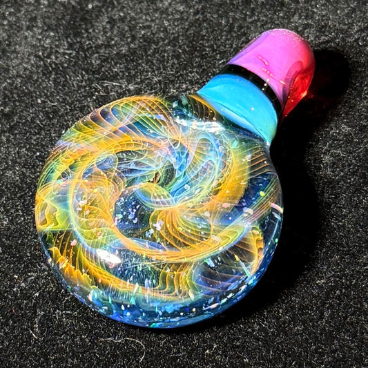 Hand blown glass pendant by Hefe Glass with karmaline pink and meta blue with gold and silver fume and crushed opal