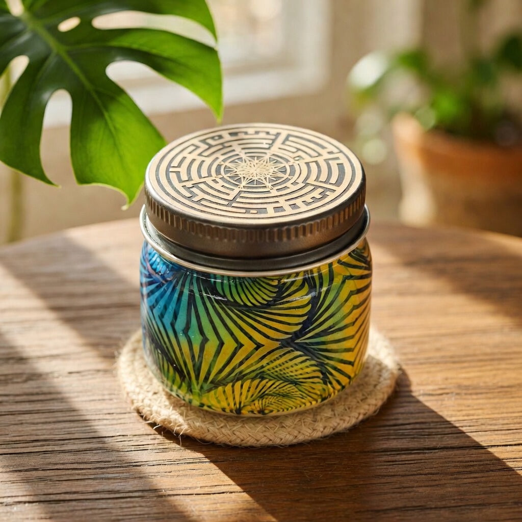 Blown Glass Fume Jar, Spiral Inception Pattern, Threaded Lid