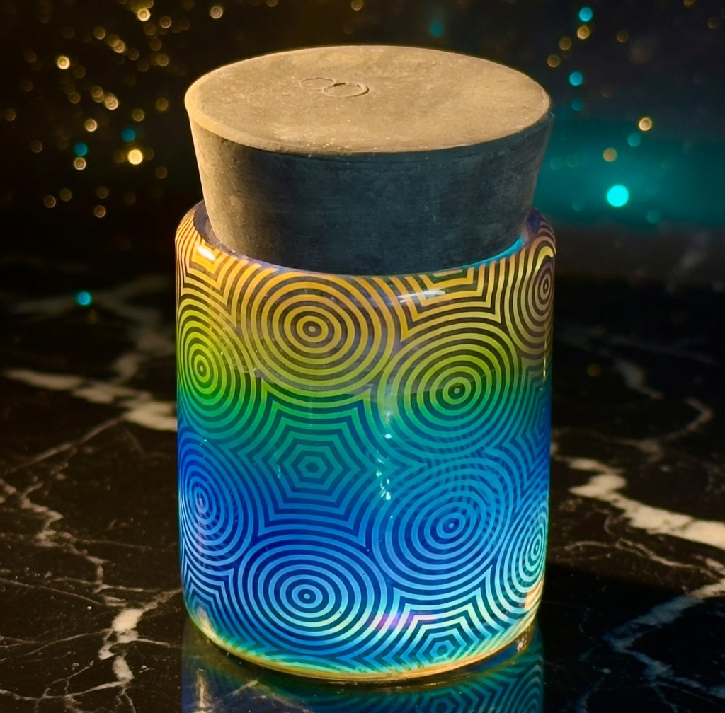 Blown glass jar, color changing fume gradient - Hologram tech hypnotic pattern