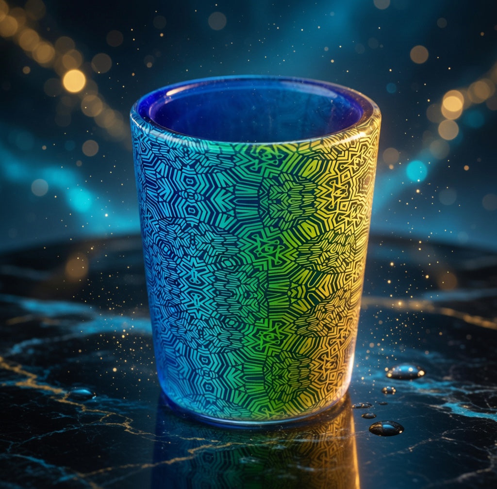 Fume pattern hand blown glass shot cup - vibrant color changing fume gradient over blue