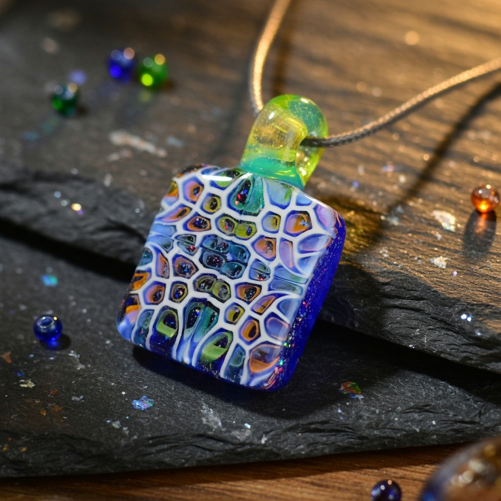Hand Blown Murrine Glass Pendant: Gold and Silver Fume Cell Tech with crushed opal