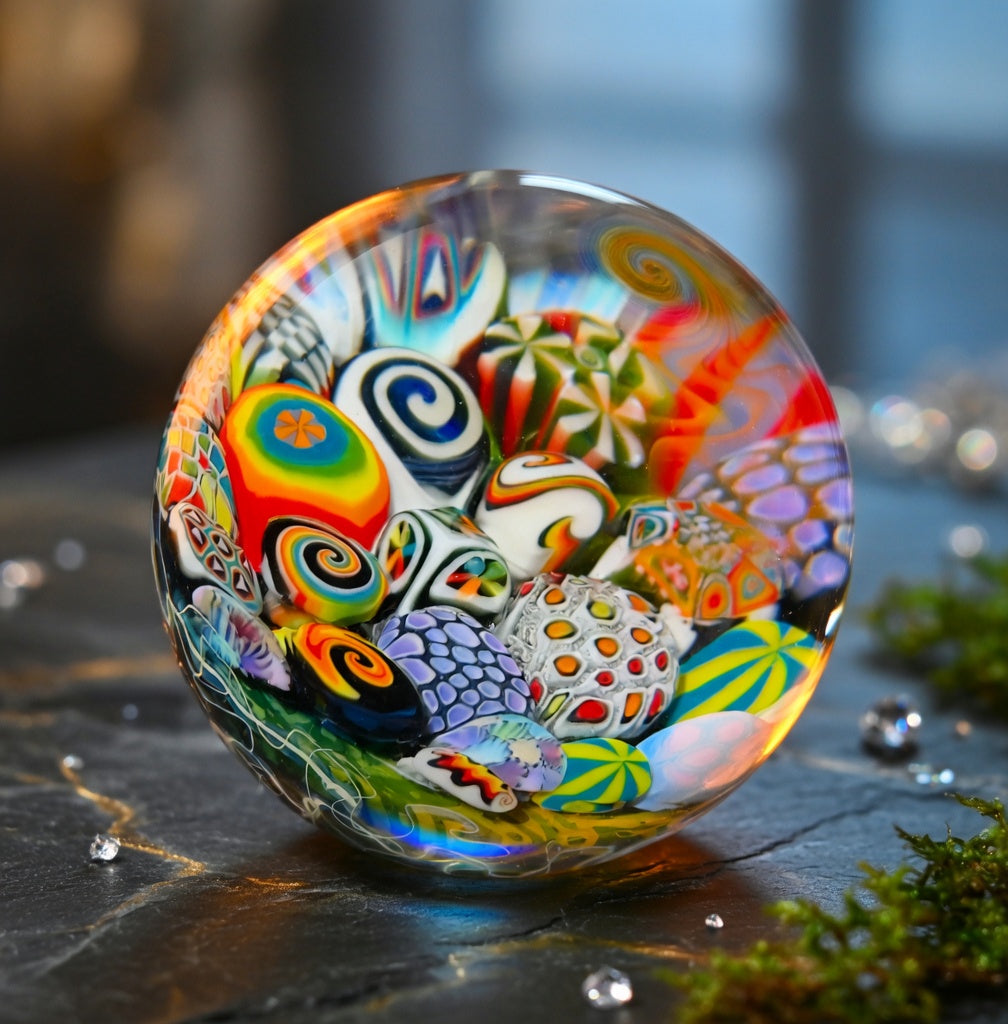 Colorful millefiori marble with fume lens and silver stringer backing - 49mm